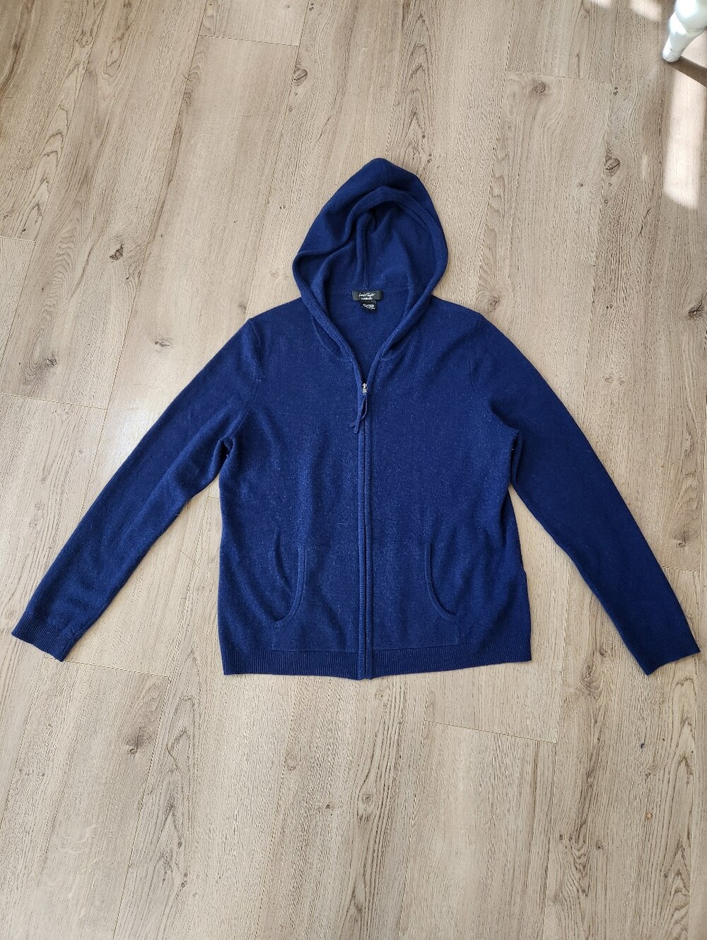 100% Cashmere Lord & Taylor Women's Navy Zip-Up Hooded Sweater
